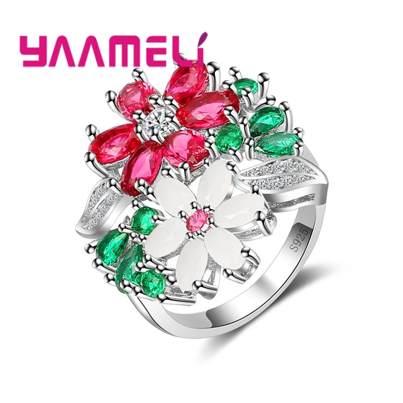 

Enthusiasm With Cute Sweet Style Plant Series Green Leaves Red Flowers Shape 925 Sterling Silver Flower Festival Ring