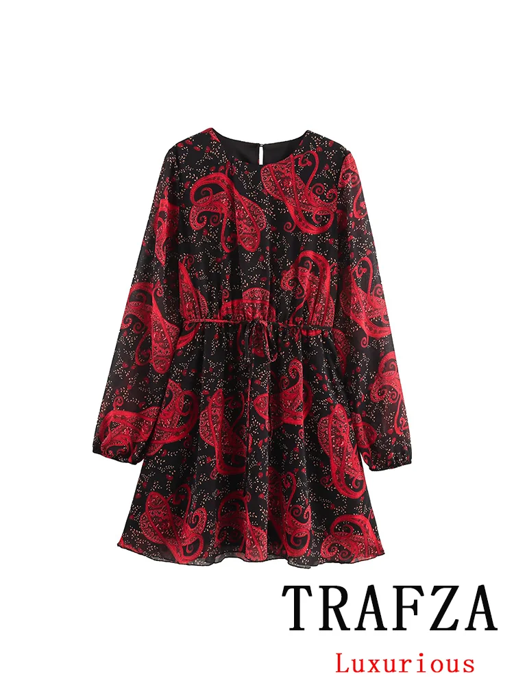 

TRAFZA Vintage Casual Chic Women Dress Print O-Neck Long Sleeve Lace-up Straight Mini Vestidos Fashion 2025 Spring Summer Dress