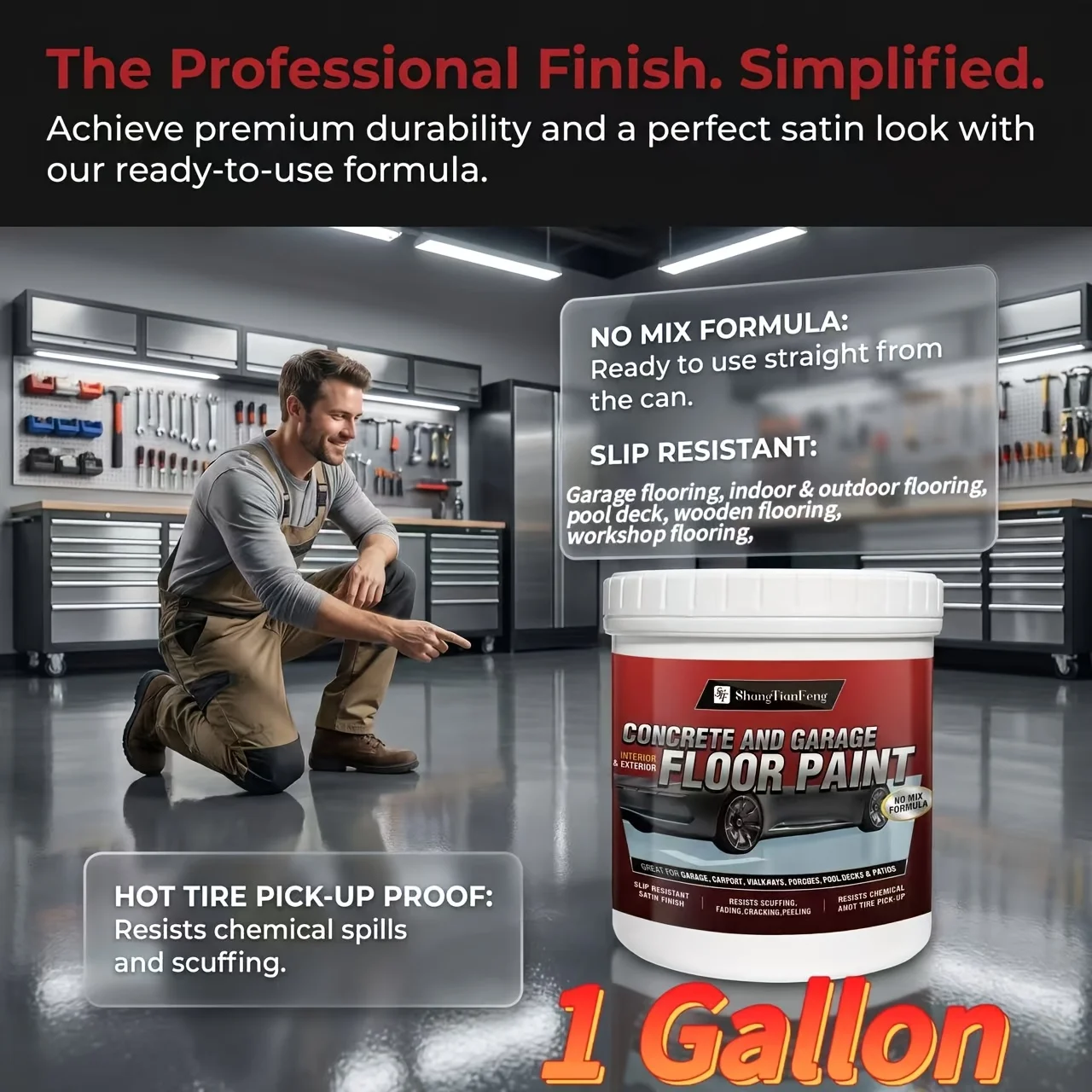 

One-Gallon Three-in-One Epoxy Floor Coating: High-Wear-Resistant Acrylic Self-Leveling Floor Paint for Workshops, Garages, and Concrete Floors. Ideal for Floor Renovation and Refurbishment, Provides a Glossy Finish. Perfect for DIY Enthusiasts