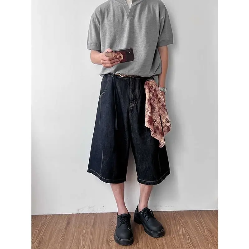 Men's Checkered Fabric Splicing Denim Shorts 90s Summer Mini Pants Cool Boys Wide Leg Casual Bottom Male Knee Length Trousers