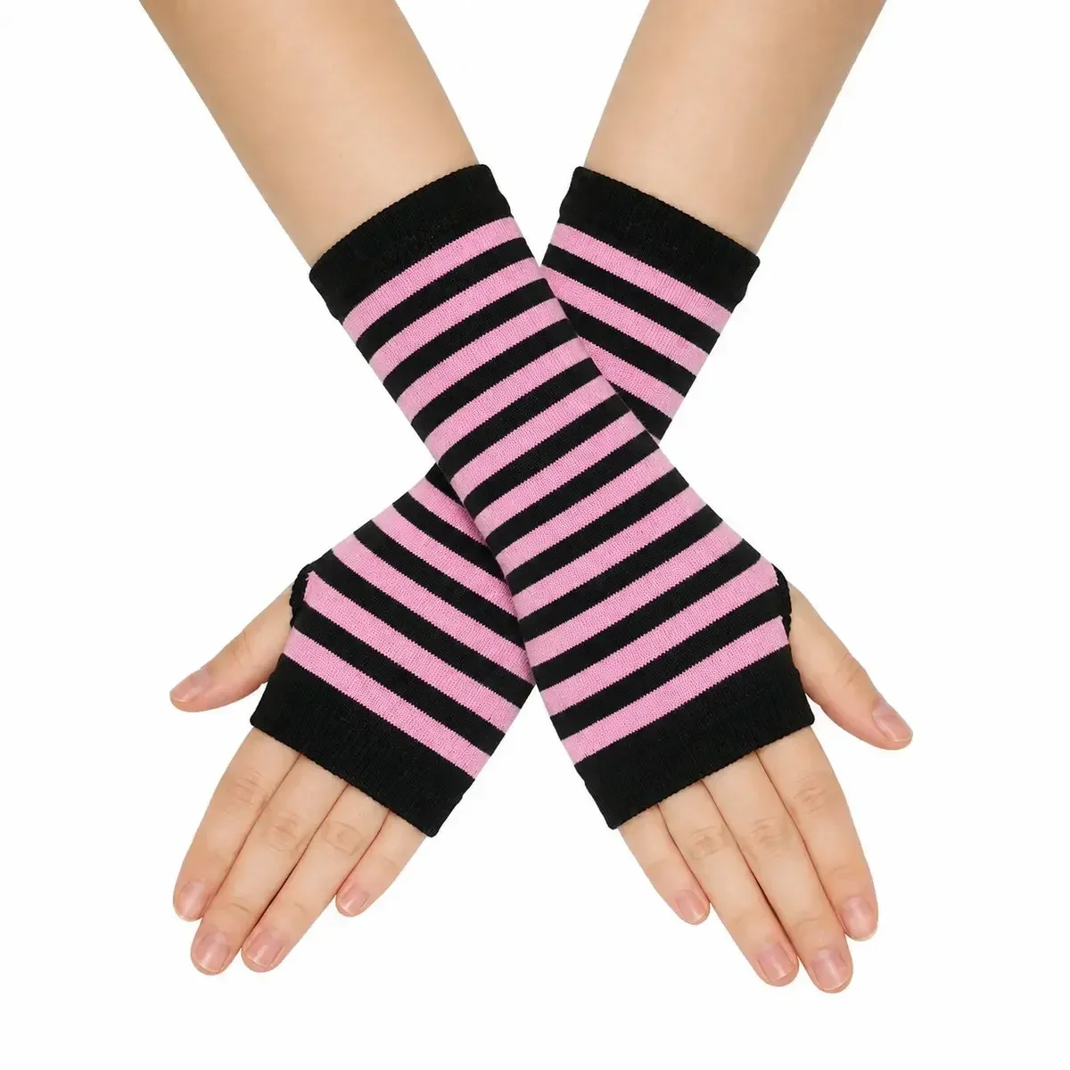 Striped Knit Fingerless Arm Warmers Short Thumbhole Costume Gloves Buyer open fingertip hand typing computer cosplay punk winter