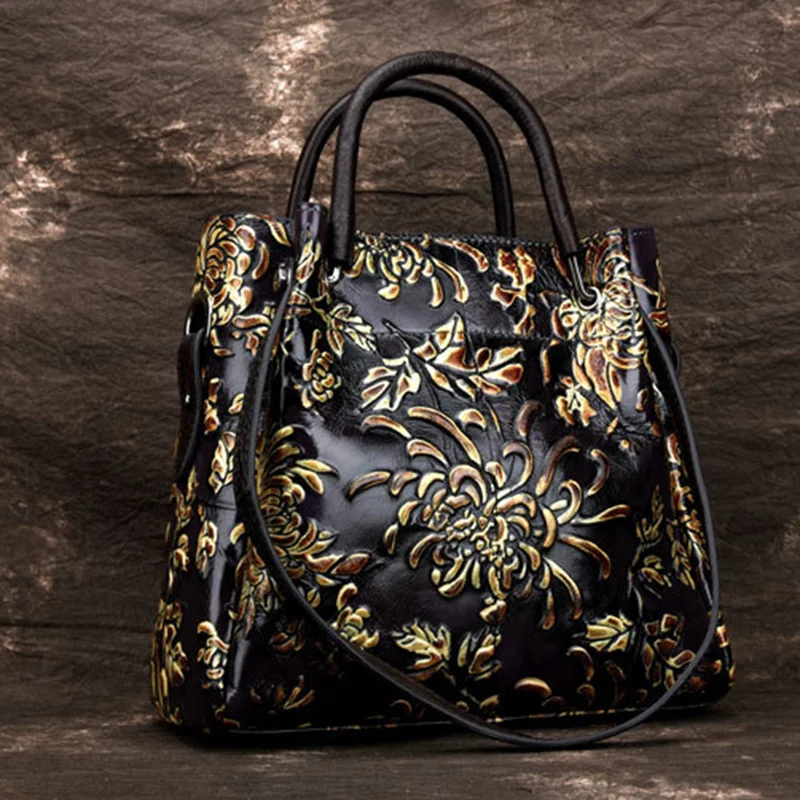 Natural Skin Embossed Messenger Shoulder Female Handbag Tote Bags Floral High Quality Genuine Leather Women Top Handle Bag