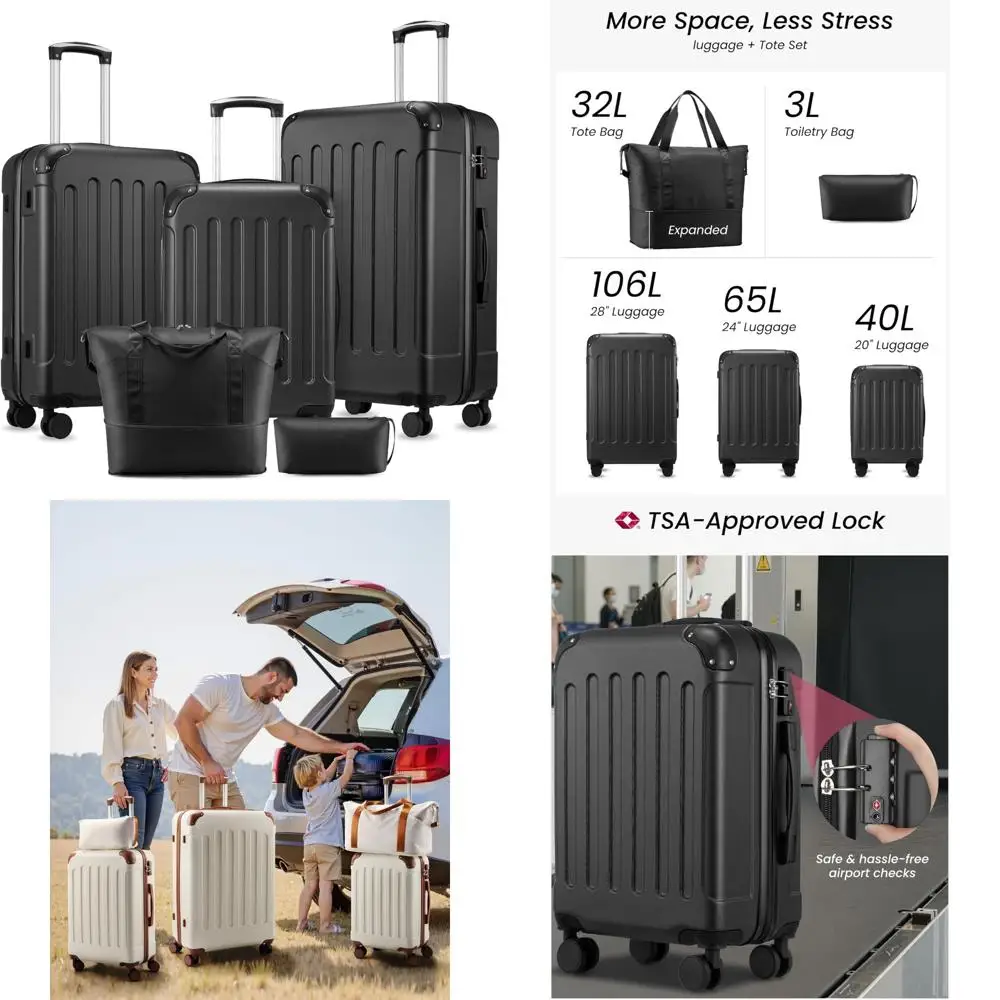 

5 Piece Hardside Luggage Set with Wheels, TSA Approved, Black, Travel Suitcase for Secure Transportation