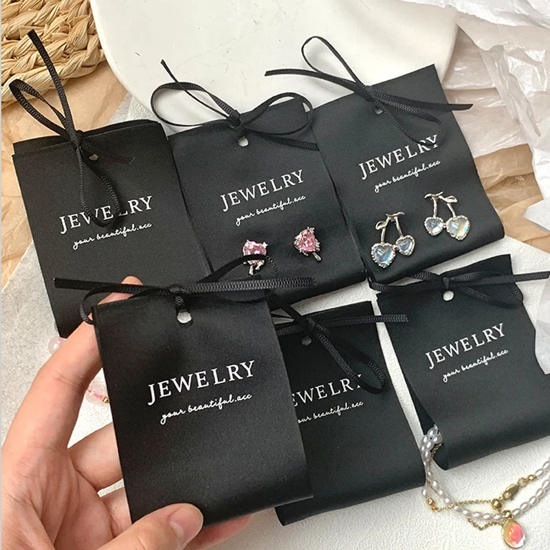 10pcs DIY Handmade Fabric Jewelry Label Tags Black Satin Ribbon Bow Stud Earring Necklace Accessories Packaging Display Cards