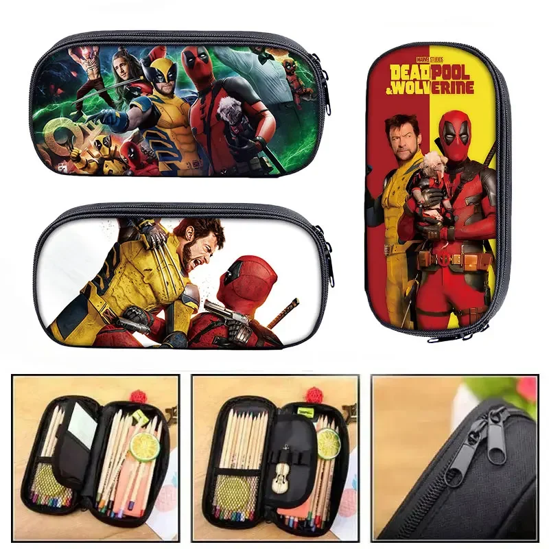 Deadpool Wolverine Pencil Case Portable Disney Marvel Cartoon Print Pen Bag Student Supplies Stationery Storage Pencil Bag Gifts