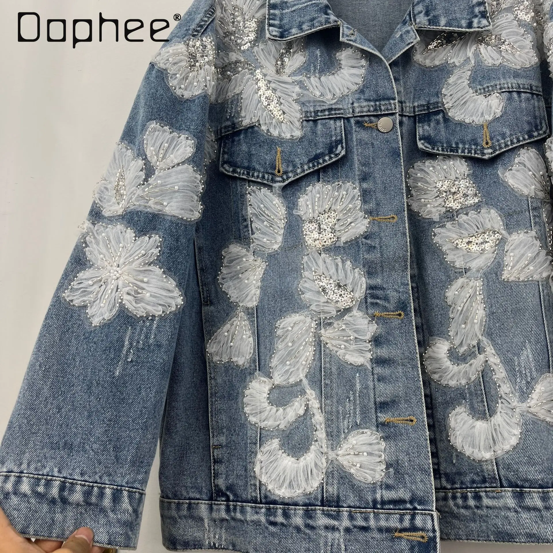 Spring Autumn European Street Trend Sequined Beads Flower Splicing Color Lapel Long-sleeved Denim Jacket Loose Casual Jackets