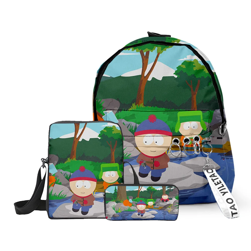 Cartoon Popular SOUTH PARK 3D Print 3pcs/Set pupil School Bags Oxford Key Chain Backpack Inclined shoulder bag Pencil Case