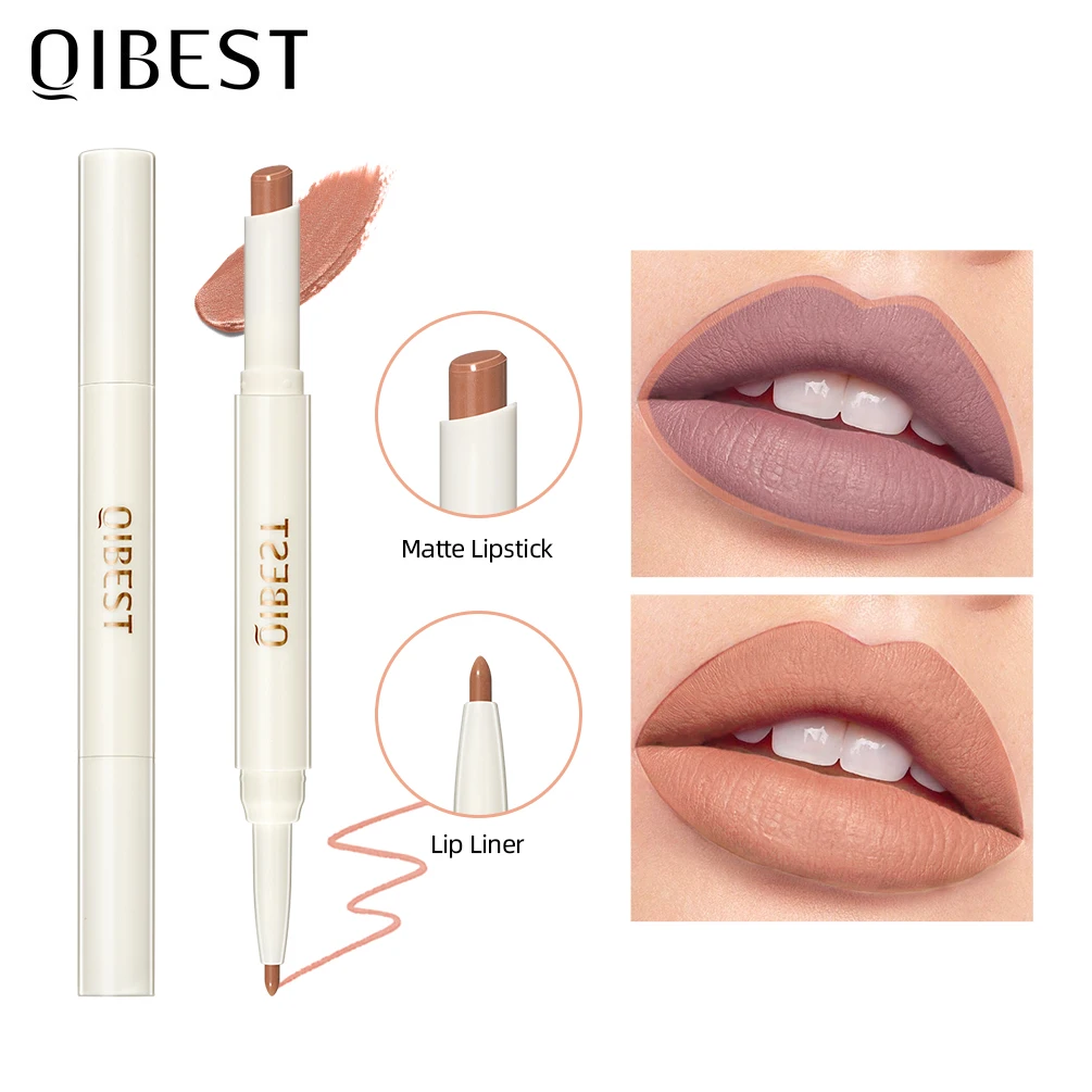 QIBEST Makeup 2 in 1 Matte Lipstick & Lip Liner Nude Lip Stick Pencil Waterproof Make up Cosmetics Lip Balm Matt Cream Lipliner