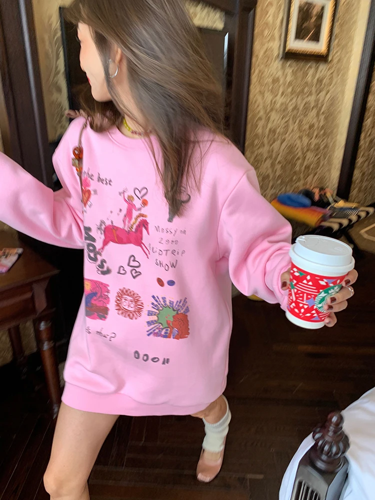 

Women's Fce Lined Oversized Hoodie round Ne Pullover Sweatirt Spring Autumn Faion Design Pink Long Sve Straight Cut