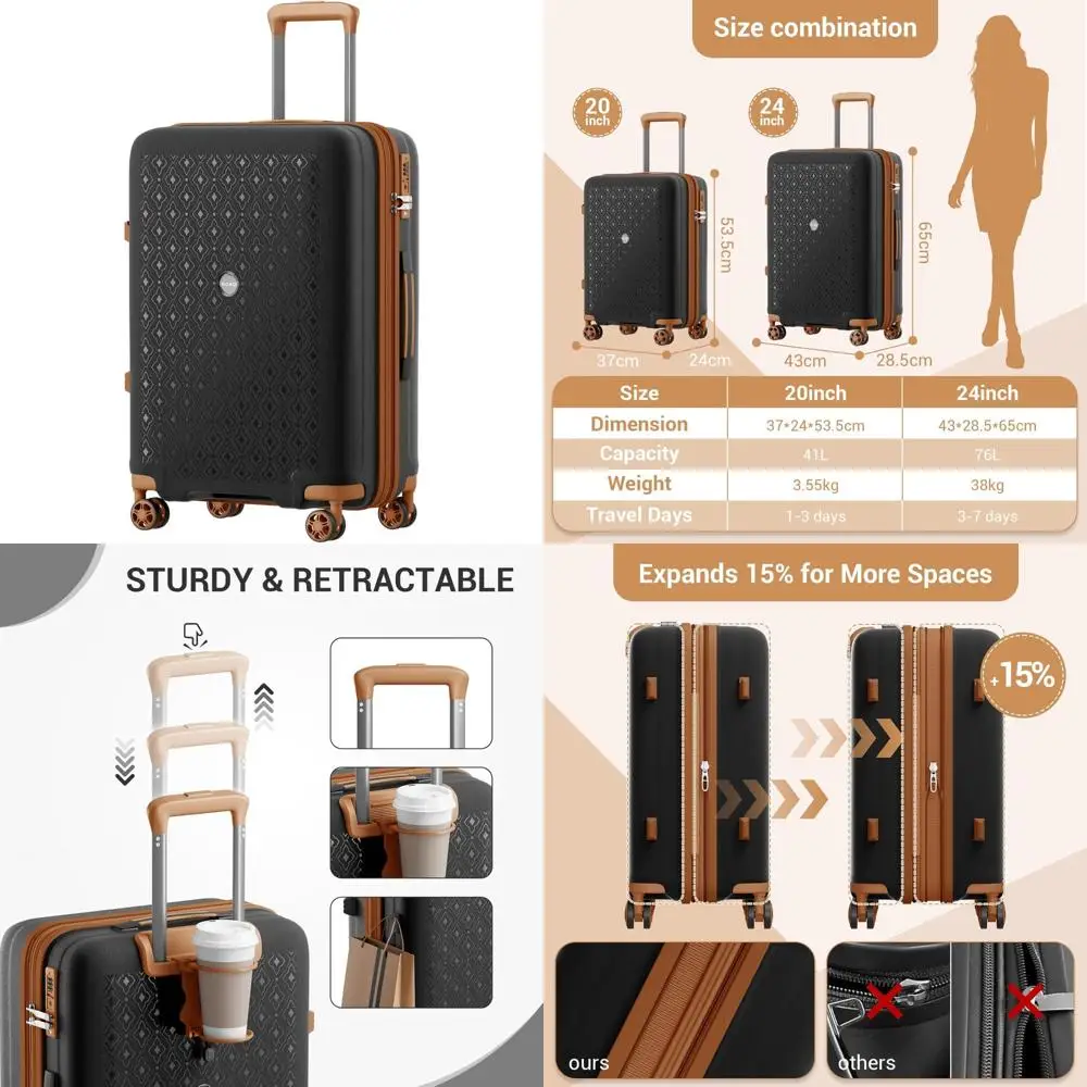 Large Capacity 24 Inch Expandable Hard Shell Luggage with Hidden Cup Holder, TSA Lock, and Lightweight Suit for Easy Travel