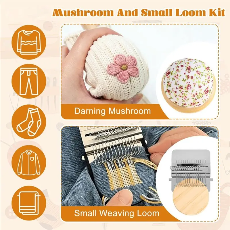 Premium Knit Patch Mending Kit - 14-Hook Darning Looms With Darning Mushroom & Darning Egg, 100 Colors Embroidery Floss