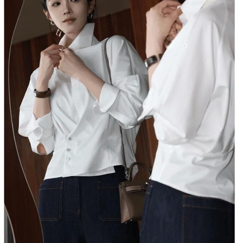 Koszula damska w stylu koreańskim, słodka, różowa, z klapami, krótka, jesienna, nowa moda, marszczona w talii, luźna bluzka.