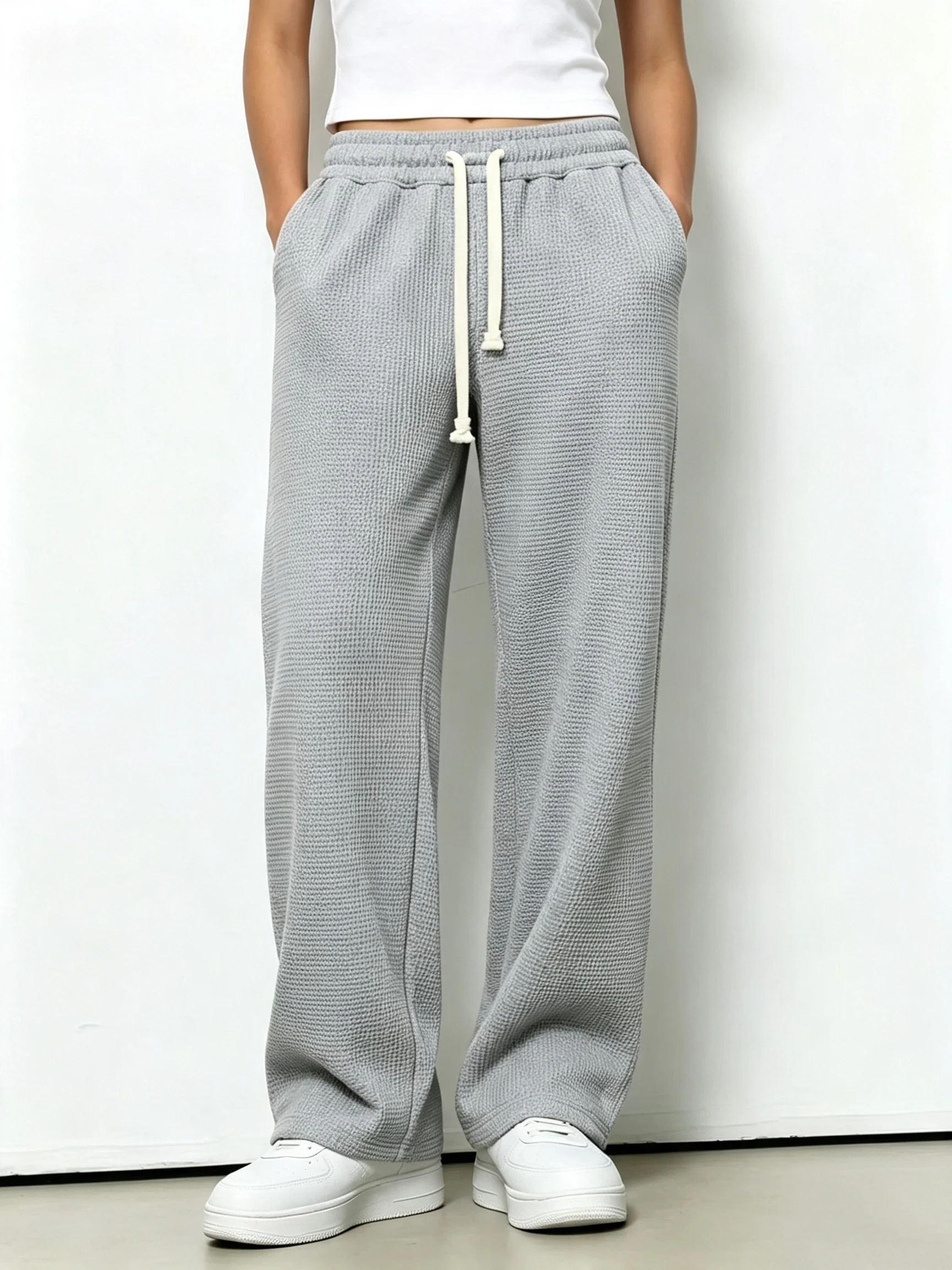 Oversize Women Sweatpants Fashion Black Waffle  Casual Pants Baggy Elastic Waist Pockets Women 's Unisex Hip Hop Loose Trousers