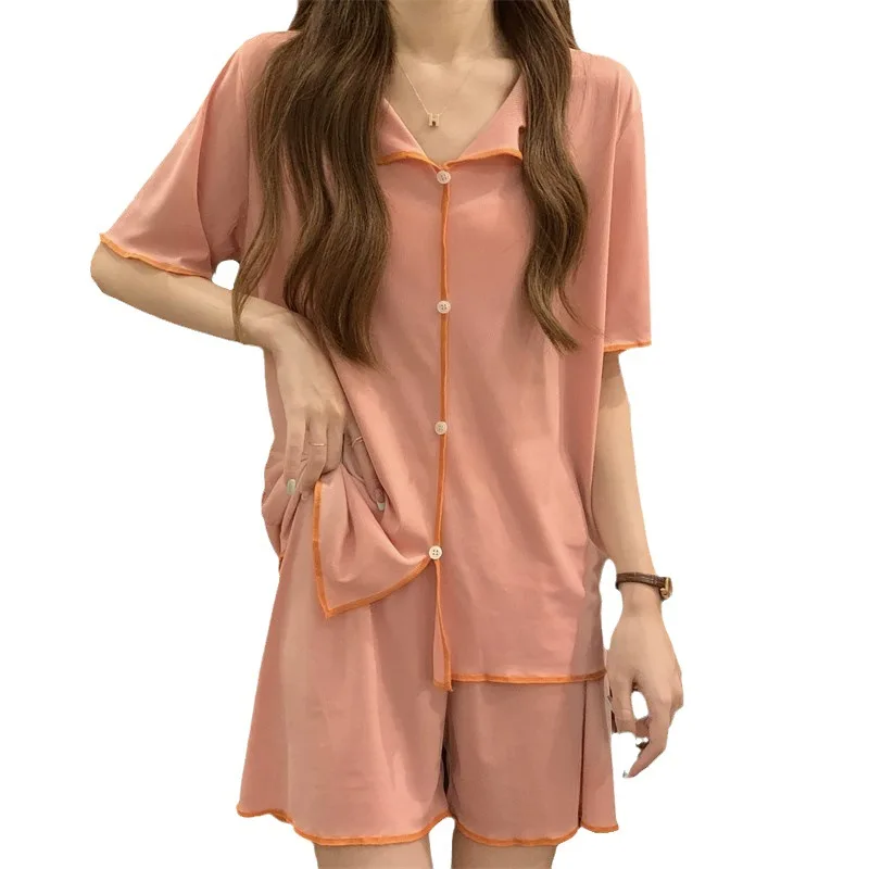 Traje de pijama de verano para mujer, Top de manga corta, pantalones cortos, ropa informal de dos piezas, pijamas tipo cárdigan
