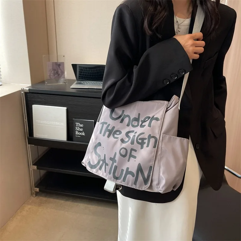 Canvas Bag Letter Graffiti Print Pocket Large Capacity Trendy Design Portable Handbag Shoulder Bag Shopping Travel Storage Bag