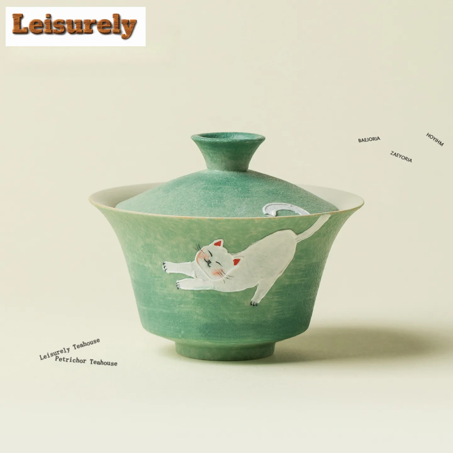 100ml Green Hand-painted Cat Gaiwan Elegant Tea Tureen Household Tea Bowl With Lid Kit Tea Maker Cover Bowl Tea Ceremony Gifts