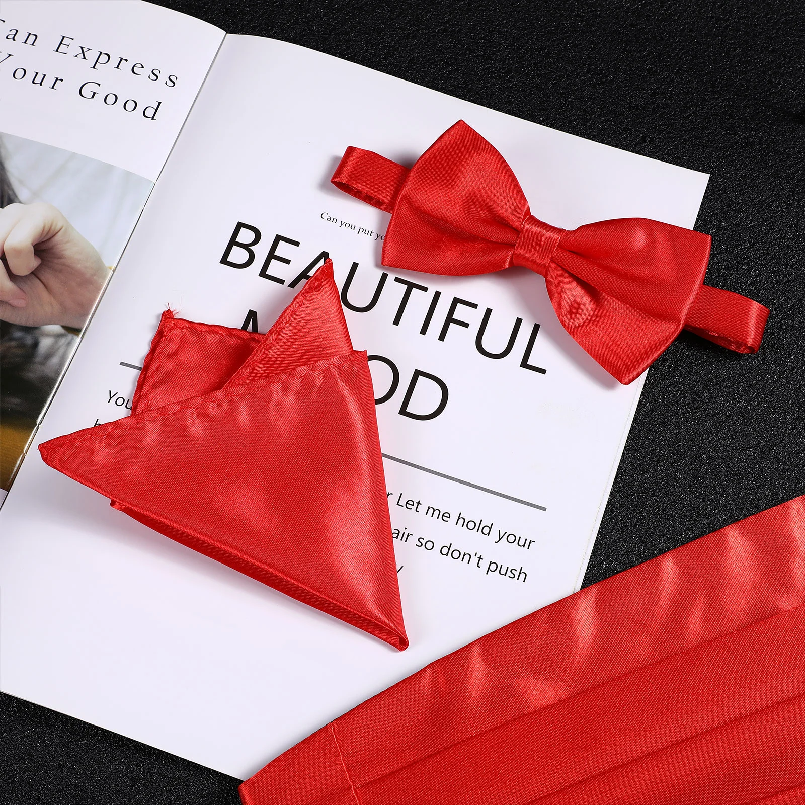 3 Pcs Mens Ties Men's Pocket Handkerchief Wedding Cumberbund Red Stained Bow Cummerbund Man