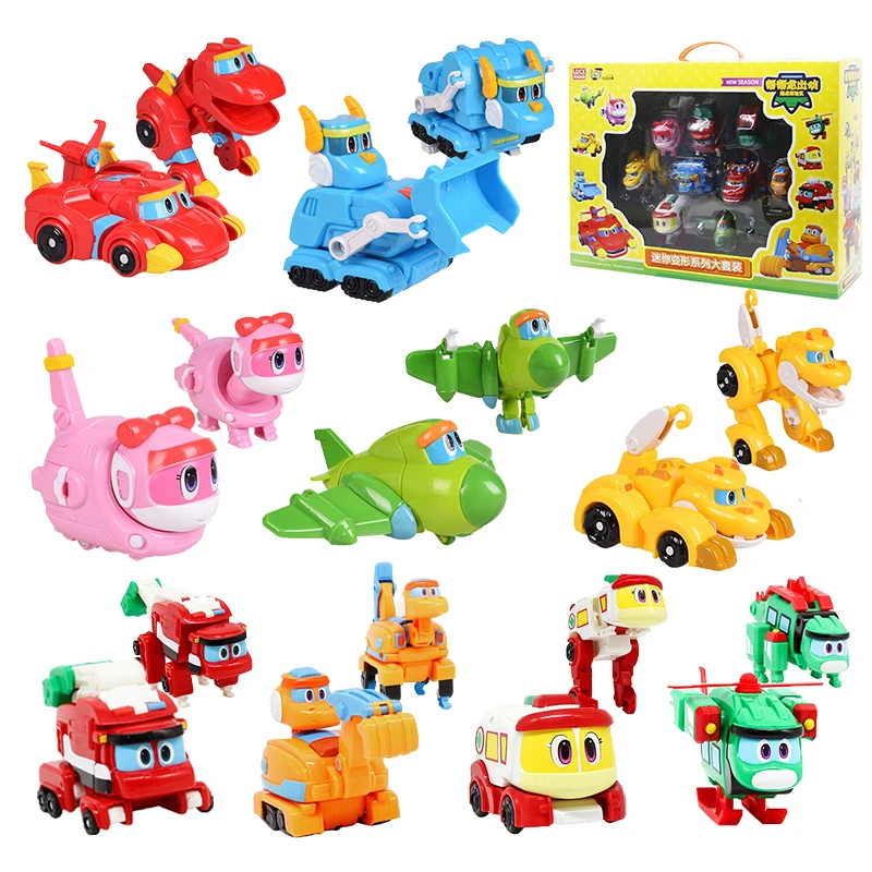 9pcs/set Min Gogo Dino Deformation Robot to Dinosaur Toy Action Figures Transformation Car Airplane Motorboat Crane toys