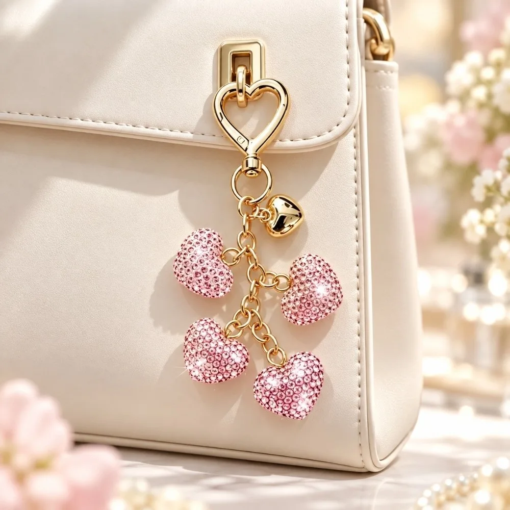Sweet Layered Crystal Heart Rhinestone Keychain Bling Portable Bag Pendant Creative Diamond Backpack Pendant for Women Girl