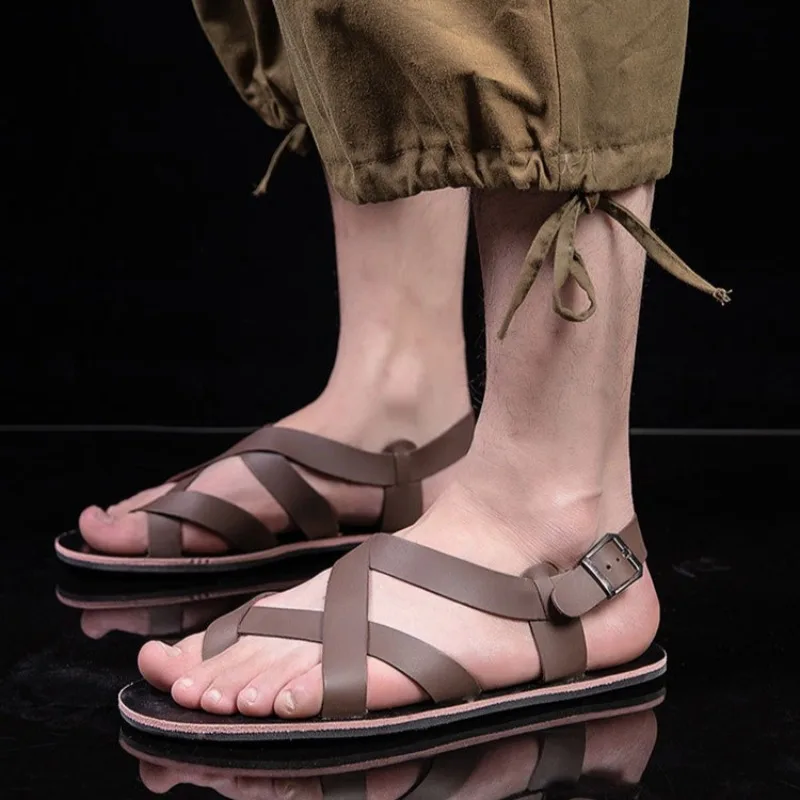 Genuine Leather Men Sandals Summer Retro Rome Sandals Design Open Toe Sandal Men Casual Flat Sandals Handmade Cowhide Sandalias