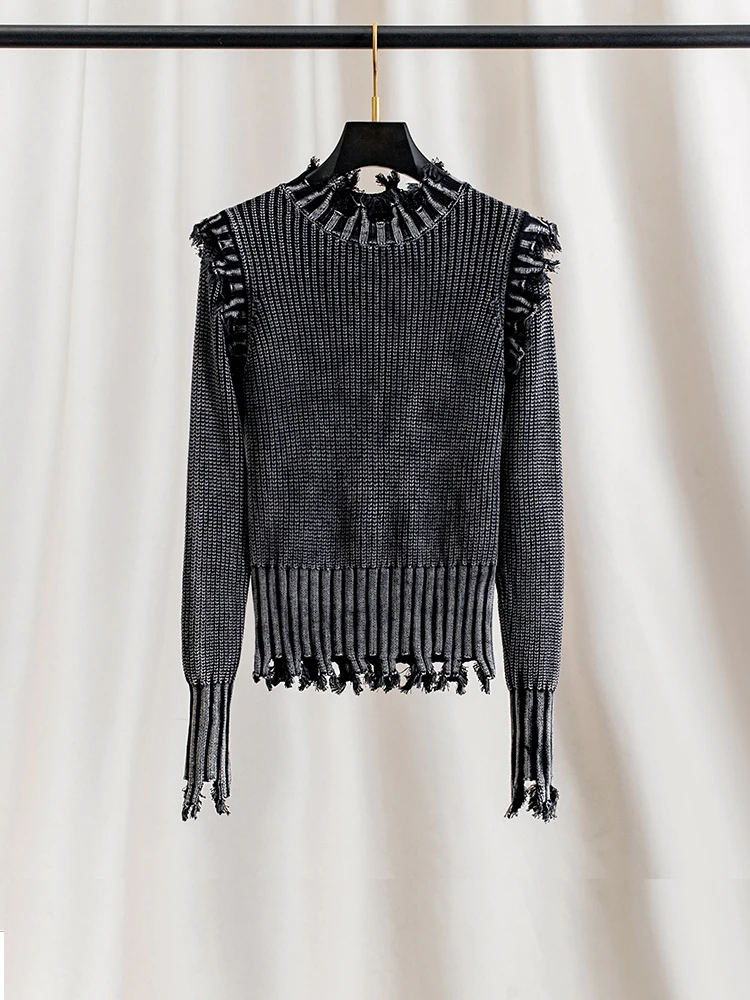 

Bla Distred Punk Sle Vintage Hong Kong Feel Slimming Women's Sweater Design Sensation Small Size Autumn Faion