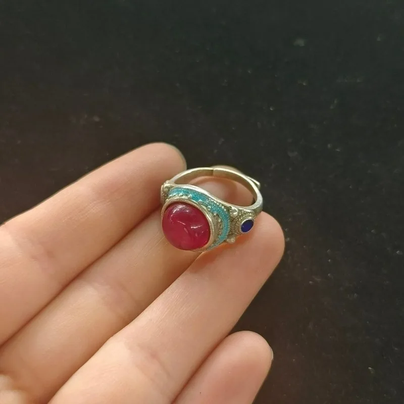 Vintage Collectible Miao Silver Ring, Hand Inlaid Red Gemstone Adjustable Open‑Band Retro Old‑Style Finger Jewelry