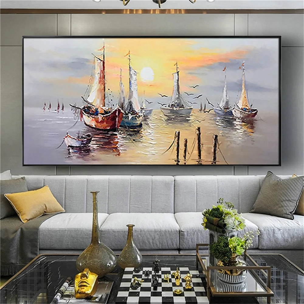 1pc Frameless Canvas Painting Sailing Boat Leaving Port Seascape Pictures New Knife Harbour Sunrise Wall Art Poste Office Living