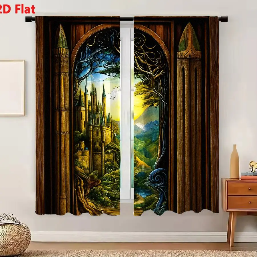 2Pcs Curtains 2D Flat A Magical Castle On A Hill With An Ornate Wooden Archway And Lush Greenery Window Drapes for Bedroom Room