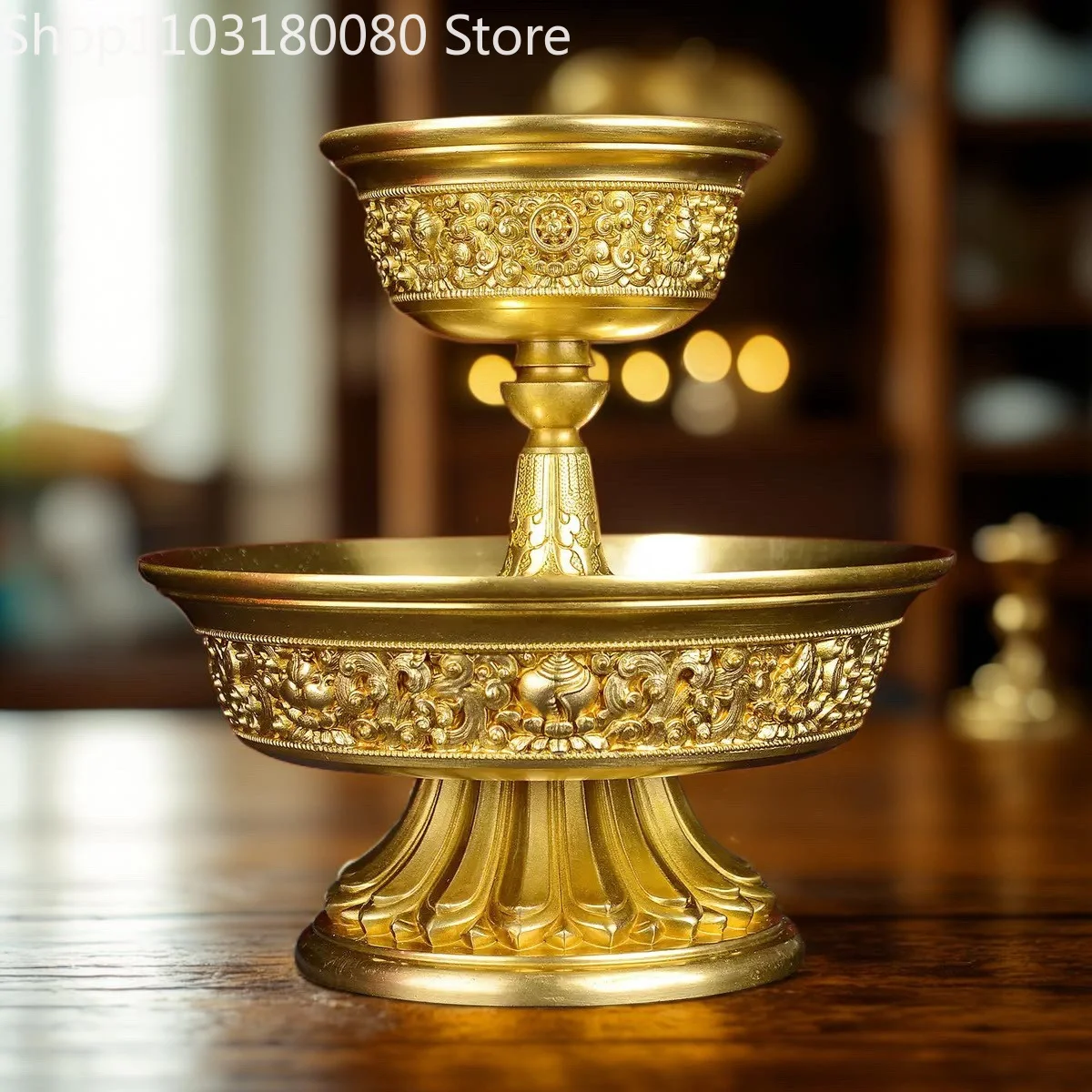 Brass Carved Eight Auspicious Symbols Dharma Protector Cup Tibetan Buddhist Ritual Offering Cup Altar Worship Decor