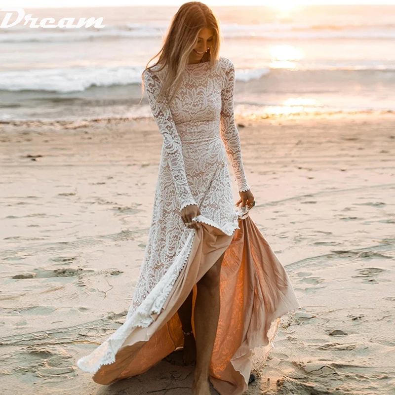 DREAM-O Neck Lace Boho Vestidos De Noiva, Manga Longa, Fenda Lateral, Vestido De Noiva De Praia Sem Encosto, Elegante Custom Made