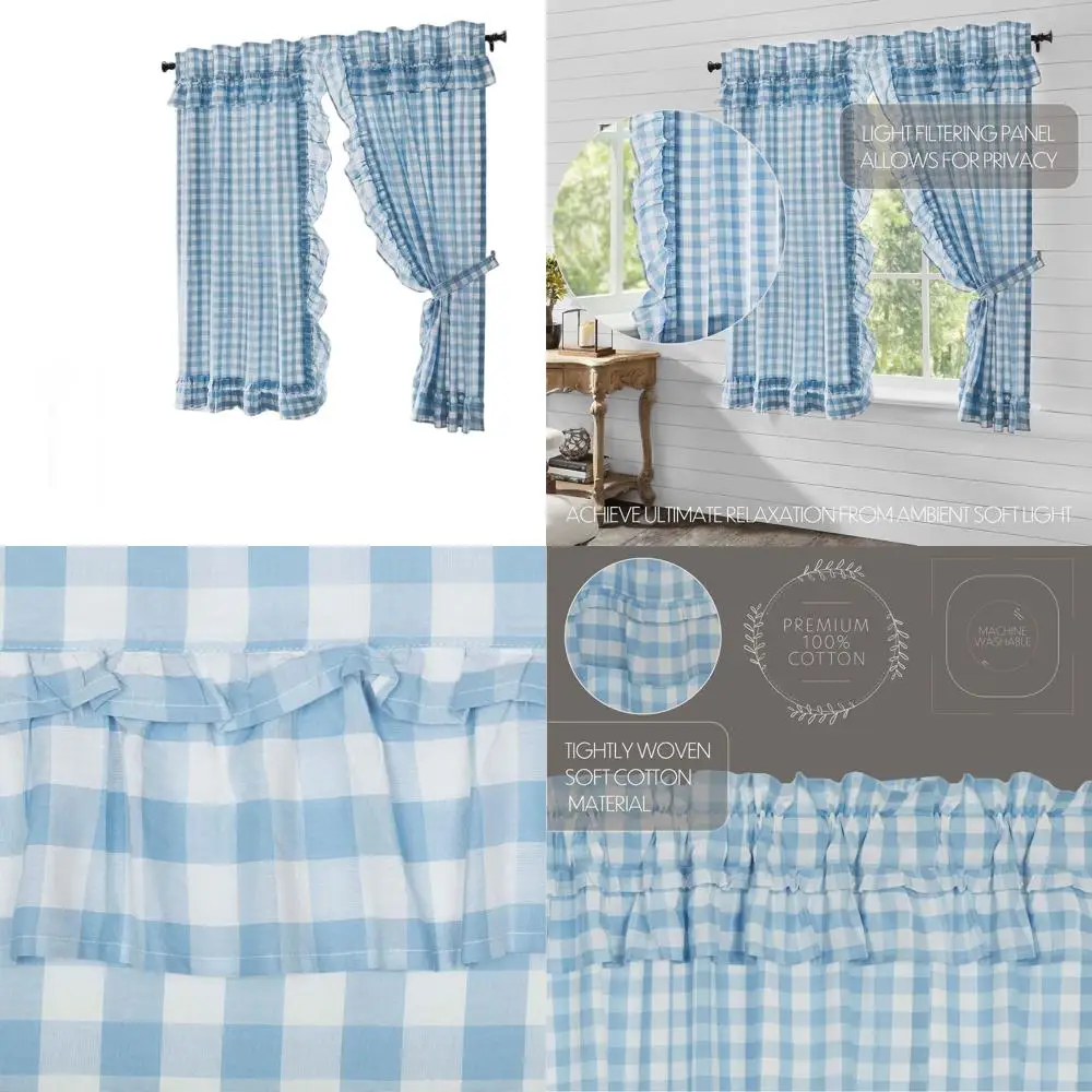 

Синий комплект штор в клетку с рюшами в стиле фермерского дома, 63x36 дюймов