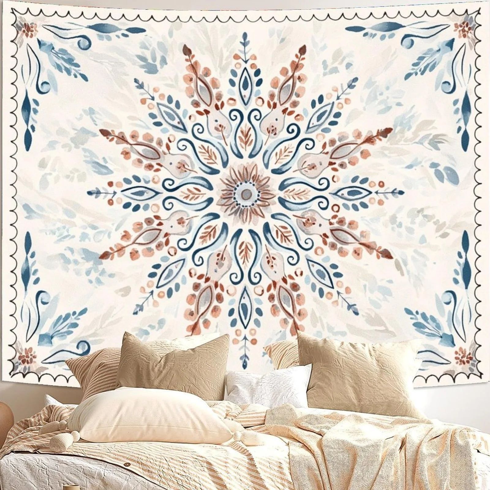 Boho Floral Mandala Tapestry 2D Digital Print Polyester Wall Hanging Living Room Bedroom Dorm Decor with Hooks