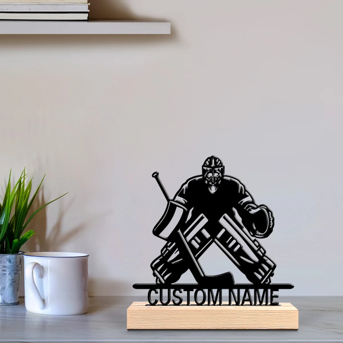 1pc Divertimento personalizzato Hockey su ghiaccio Statue metalliche Regalo per appassionati di sport con base in legno Perfetto per le camere da letto Commemorative