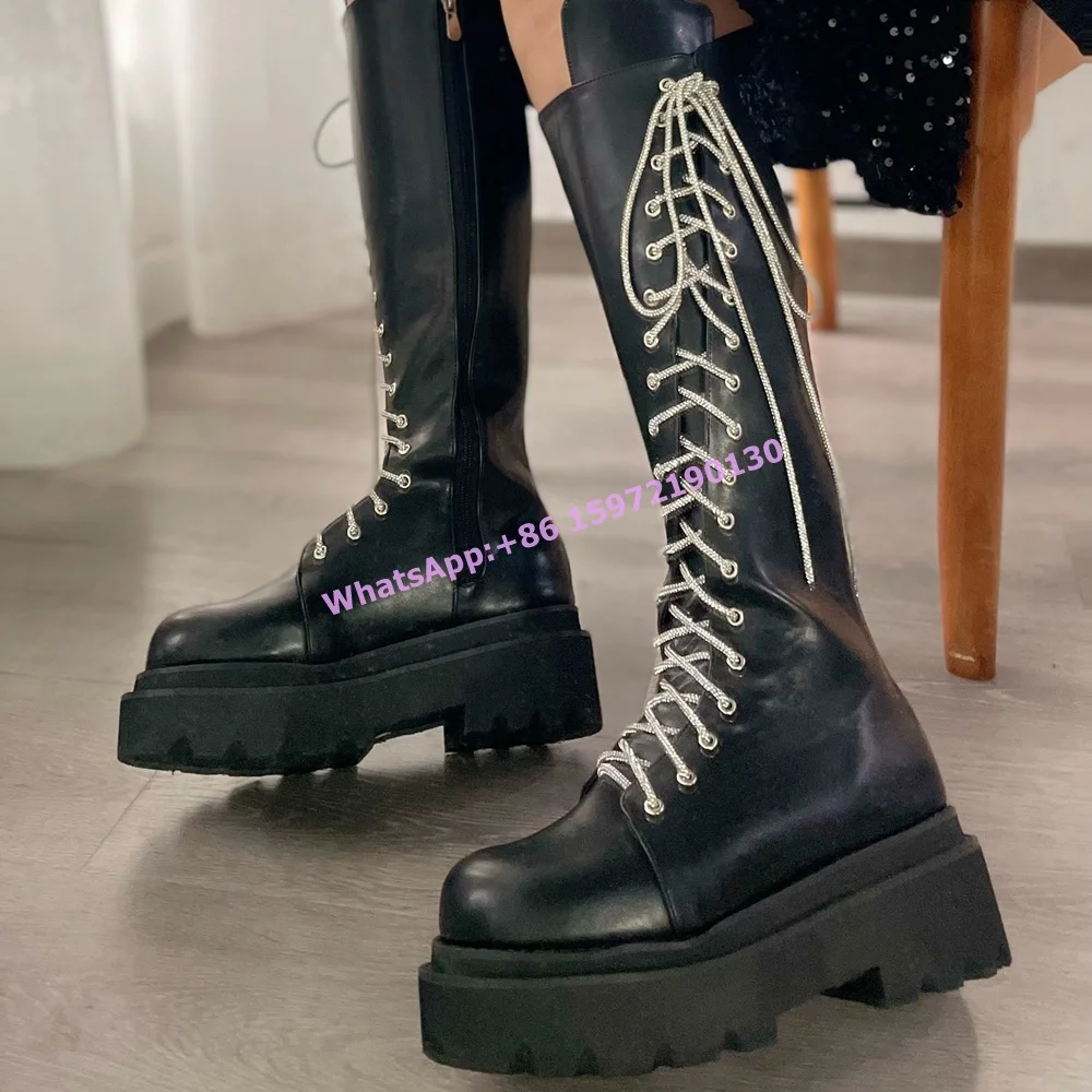 Crystal Cross Tied Boots Round Toe Platform Thick Soled Leather Oblique Open Side Zip Shoes Solid Black Women's Knight Boots