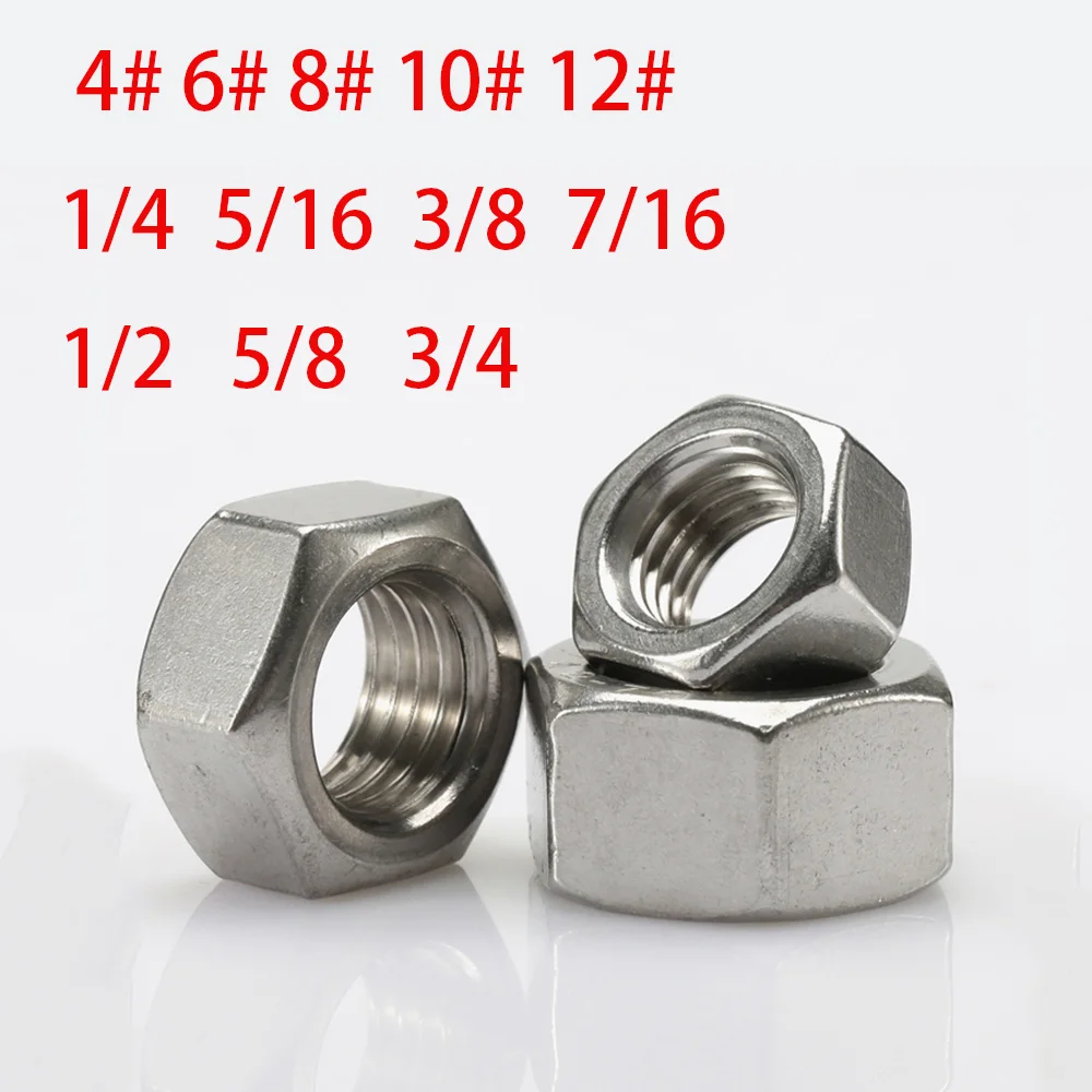 American Standard UNC UNF 304 Stainless Steel Hex Hexagon Nut 4# 6# 8# 10# 12# 1/4 5/16 3/8 7/16 1/2 5/8 3/4 US Standard Hex Nut