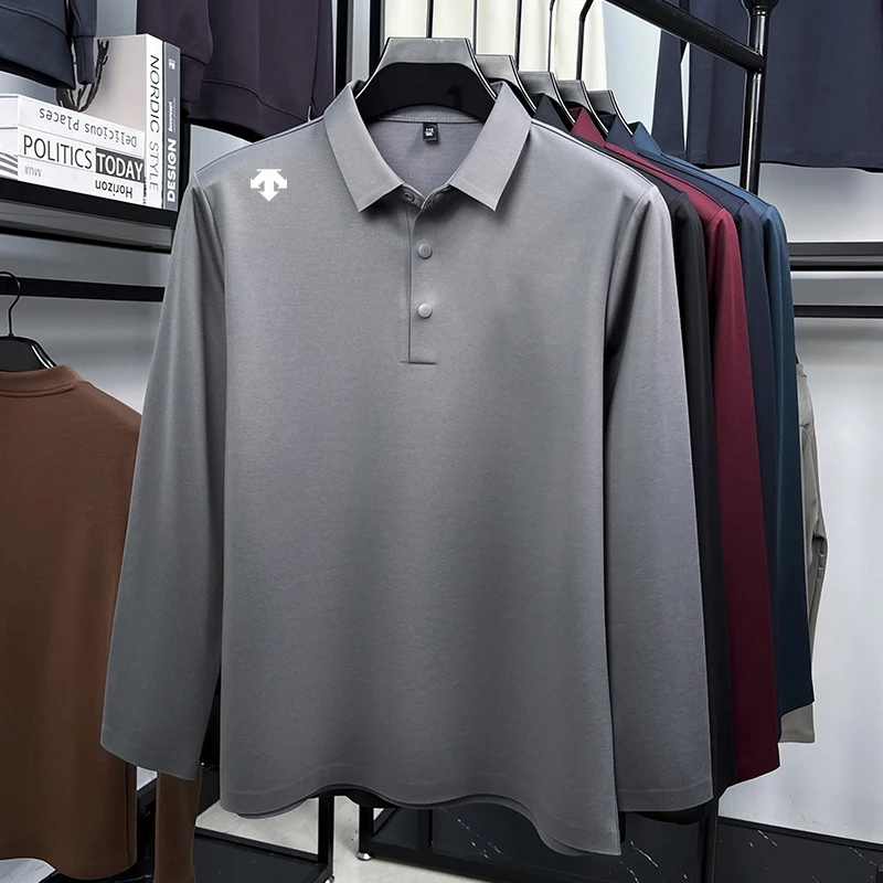 

Luxury Quality Men's Polo Shirt No Trace Simple Solid Color Geometric Print Long Sleeve Autumn Lapel T-Shirt Business Menswear