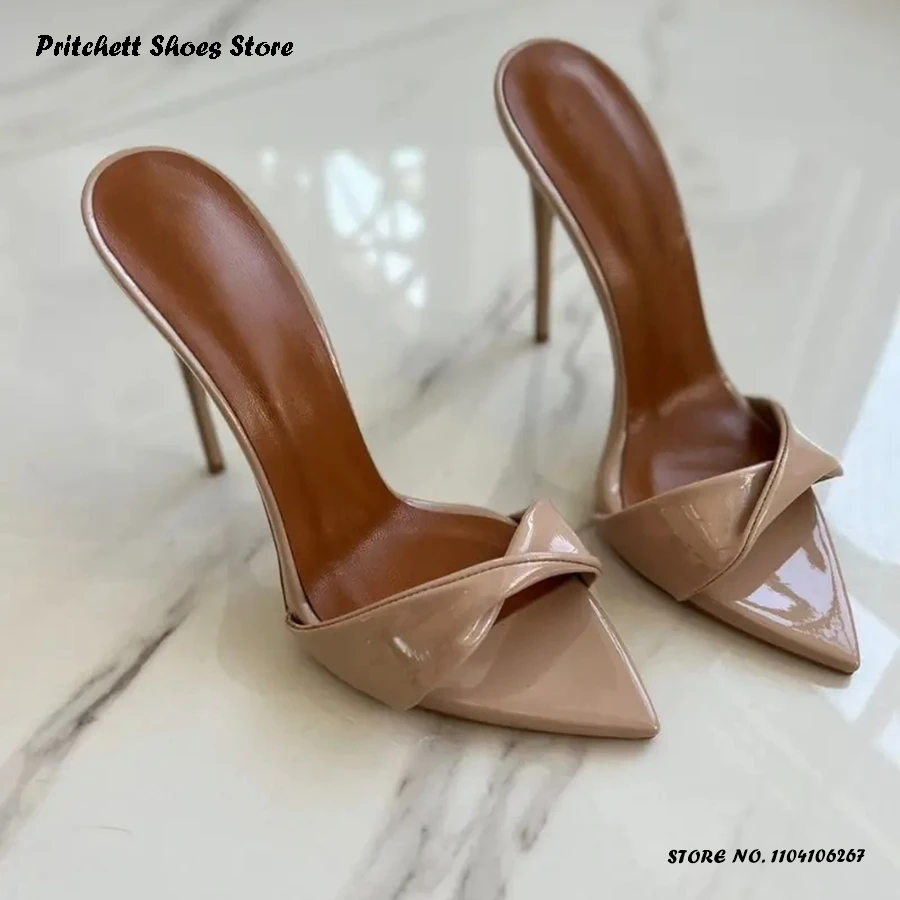 Women's Twist Patent Leather Mules Sexy Pointed Open Toe Party Office Dress Shoes Summer Street Style Pull On Fashion Slippers