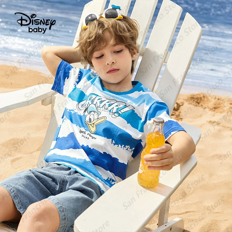 New Summer Boy&Girl Disney Donald Duck 3D Painted Blue and White Striped Casual Short Sleeve KID/Adult Outdoor Sports T-Shirt