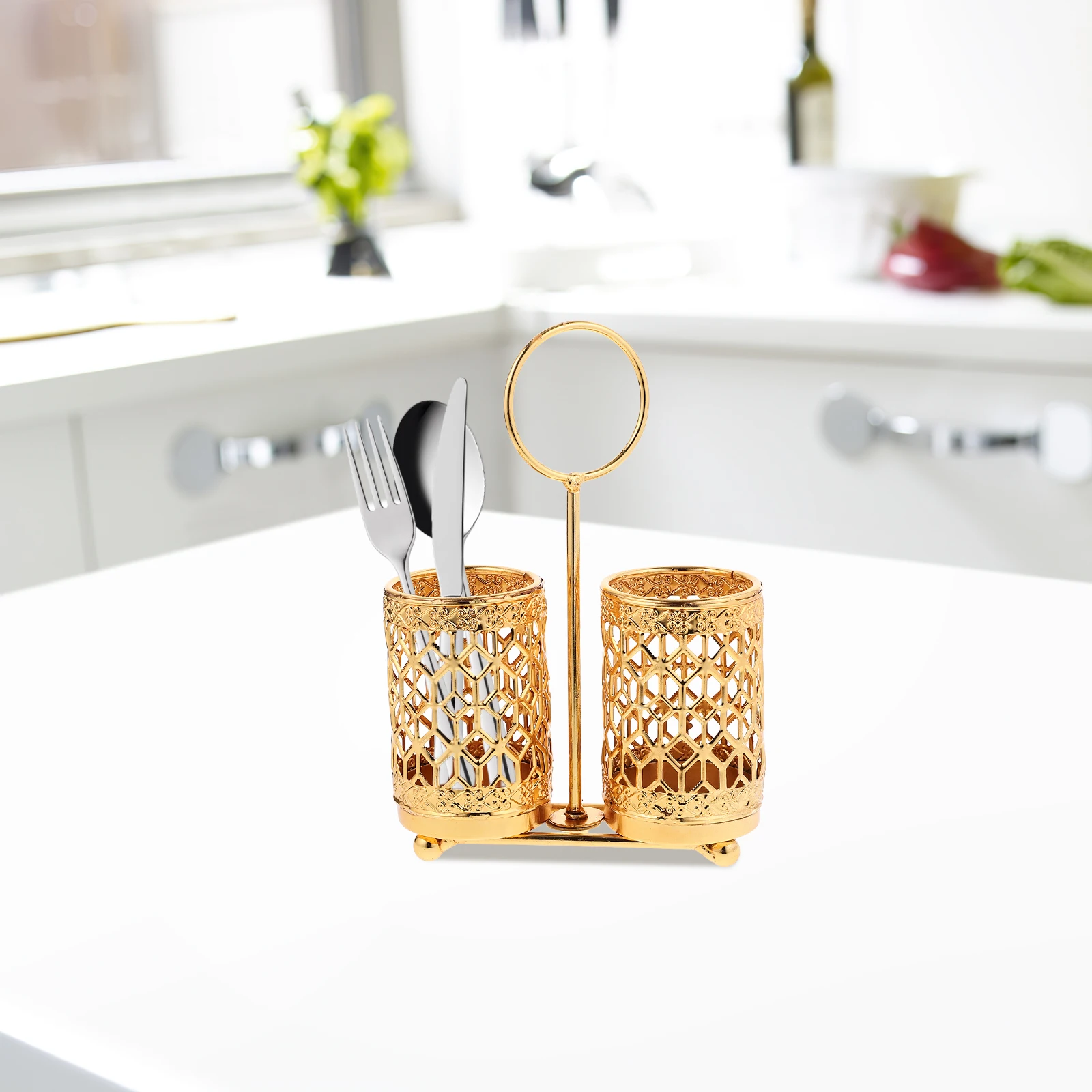 

Luxury Gold Plated Iron Rotatable Dual Cylinder Cutlery Drying Rack Kitchen Utensil Organizer