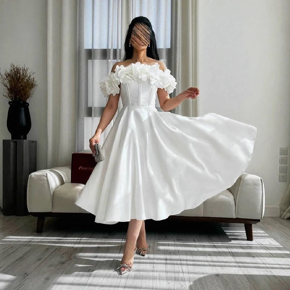 

Classic A-Line White Tea Length Off the Shoulder Sleeveless Evening Dress Modern Pleats Flowers Saudi Arabia Party Grows