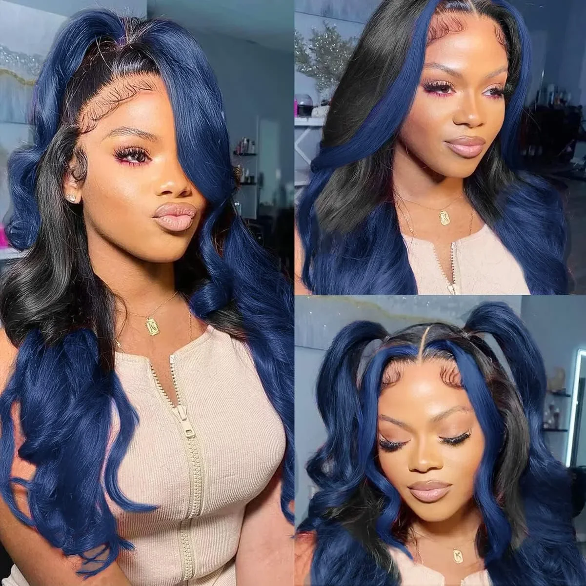 Royal Blue Lace Front Wigs Synthetic Highlight Ombre Blue Lace Front Wigs Body Wave 1B/blue Lace Frontal Wigs for Women Cosplay