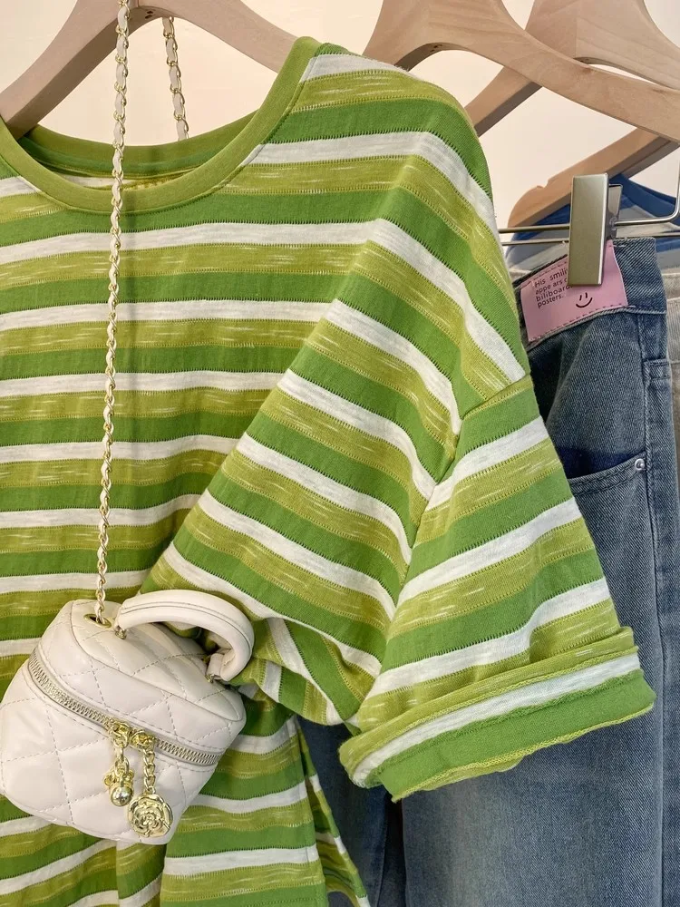 루즈핏 여성용 스트라이프 여름 디자인 감각적인 코튼 캐주얼 라운드넥 탑