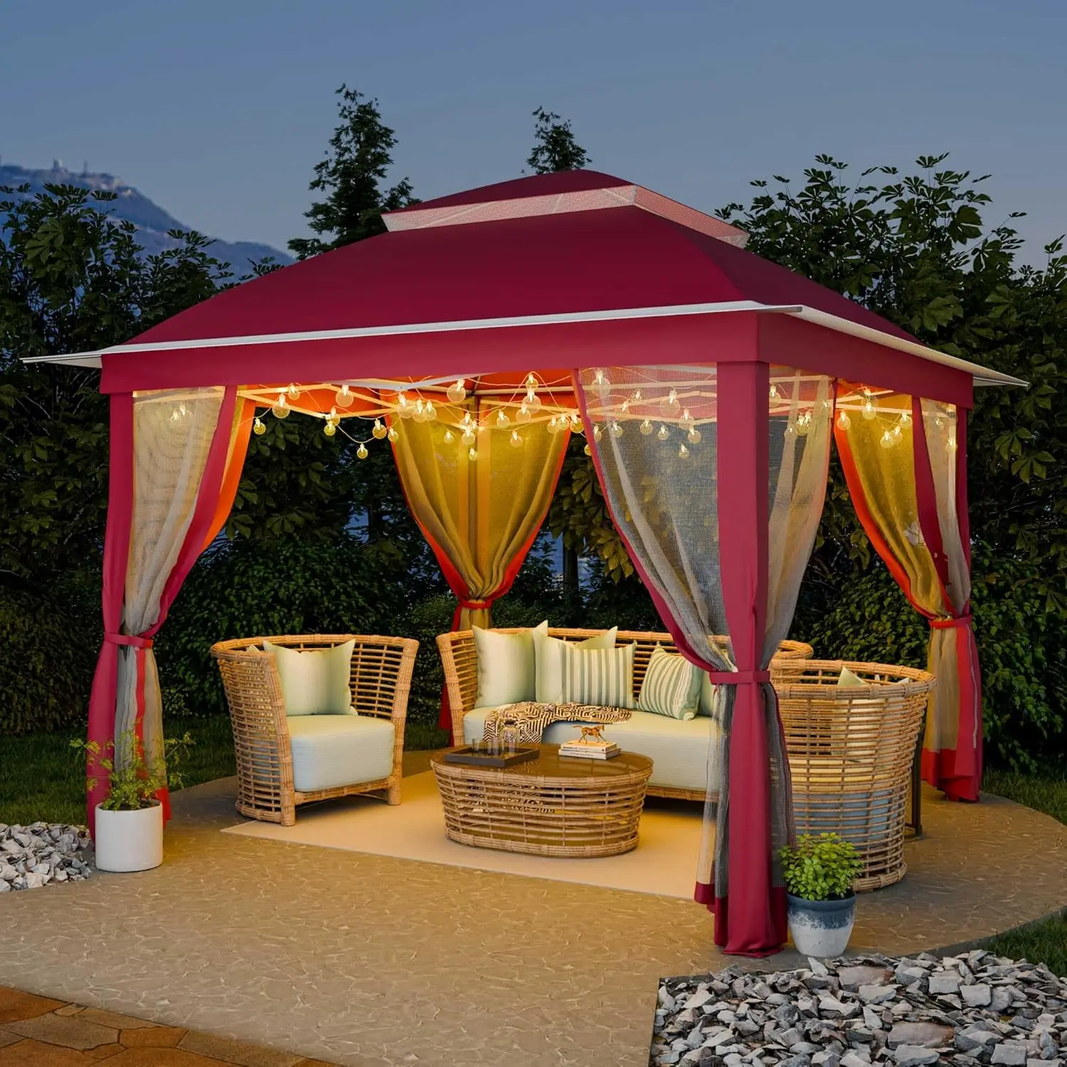 

11 x 11 Pop Up Gazebo, Gazebo with Double Roofs, Outdoor Canopy with Mosquito Nettings and Privacy Screens for Lawn,