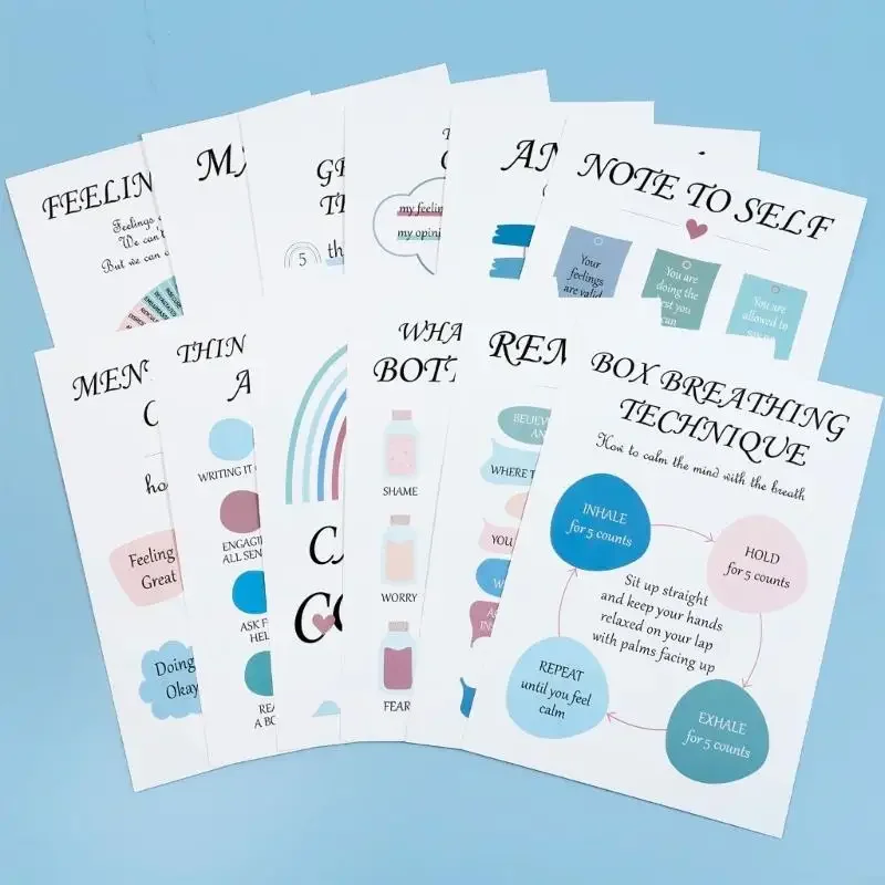 12 ورقة ملصقات ركنية مهدئة ملهمة للصحة العقلية ملصق حائط مخطط للشعور بالمكتب والفصول الدراسية مقاس 10 × 14 بوصة