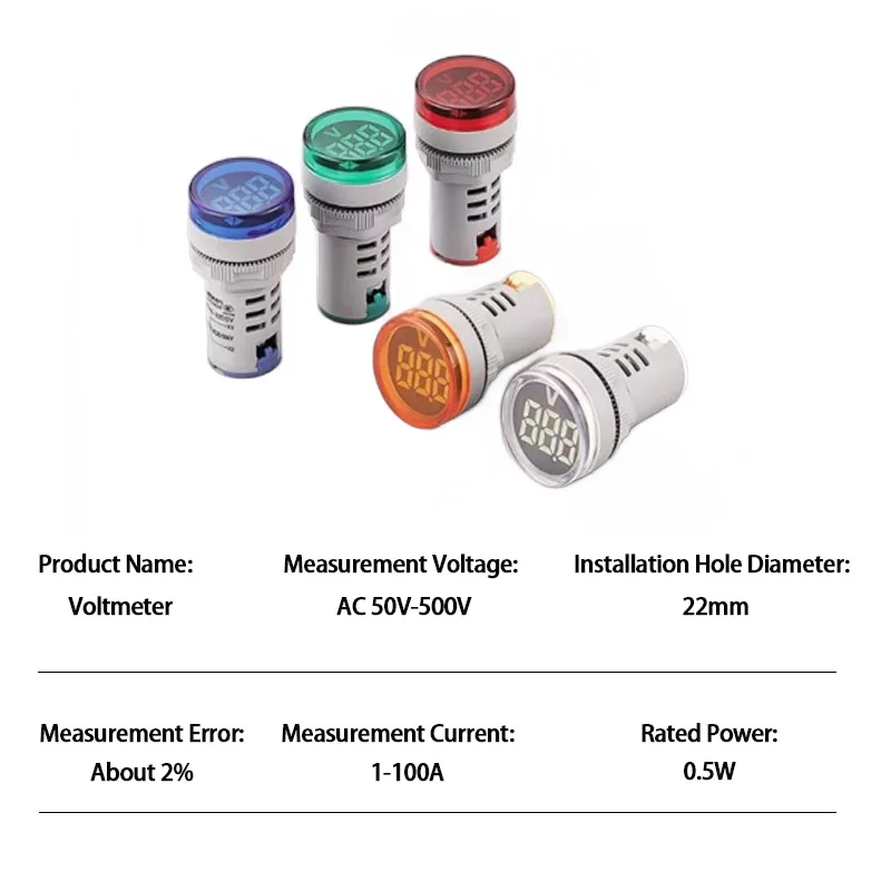 22mm AC50-380V 0-100A LED Digital Voltmeter Ammeter Thermometer Signal Indicator Light Volt Amp Hertz Tester Detector Lamp Pilot