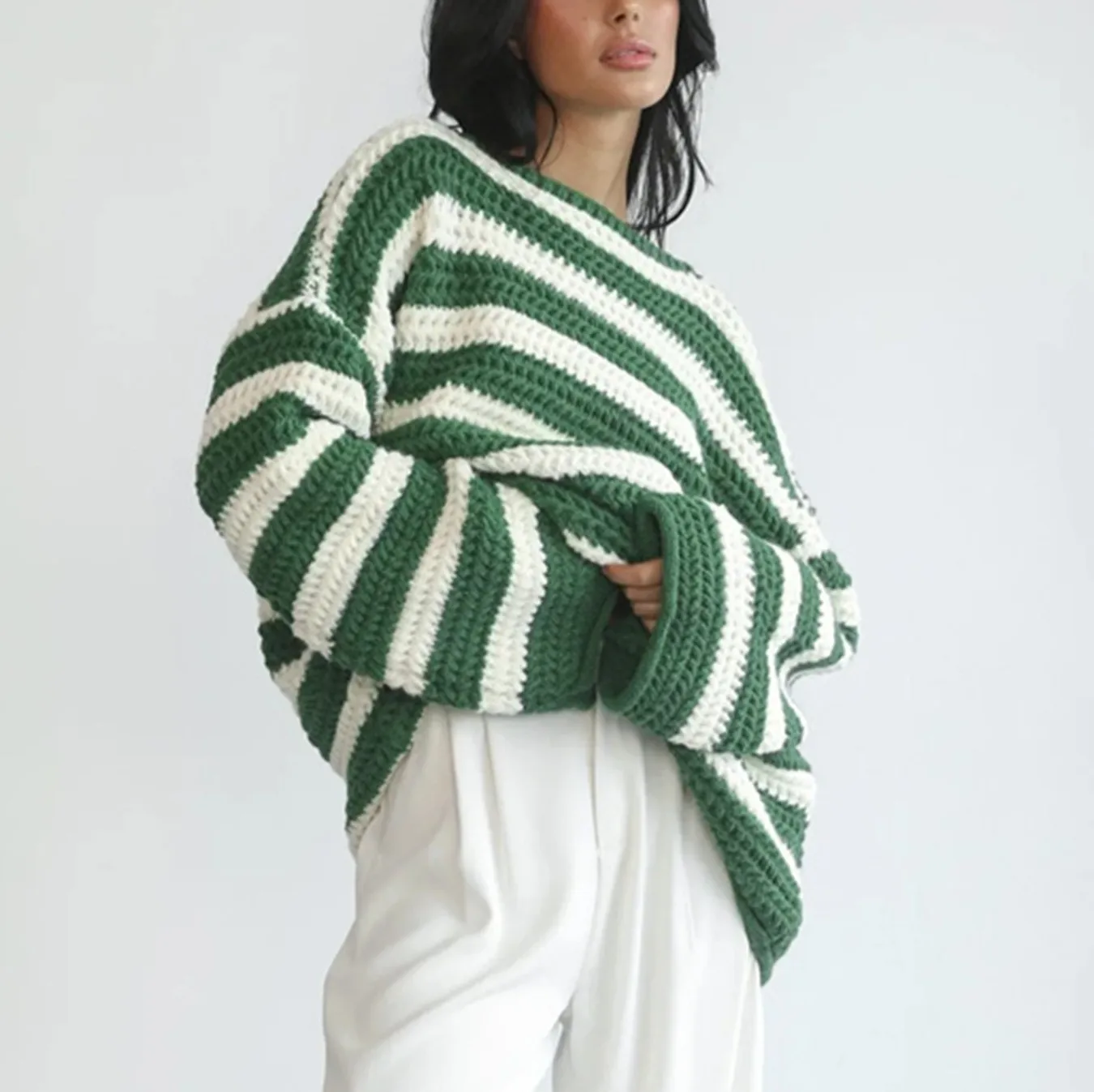 Striped Pullover Sweater Loose Fit Fresh and Sweet with Off Shoulder Neckline High Temperature Setting Process Women Sweater