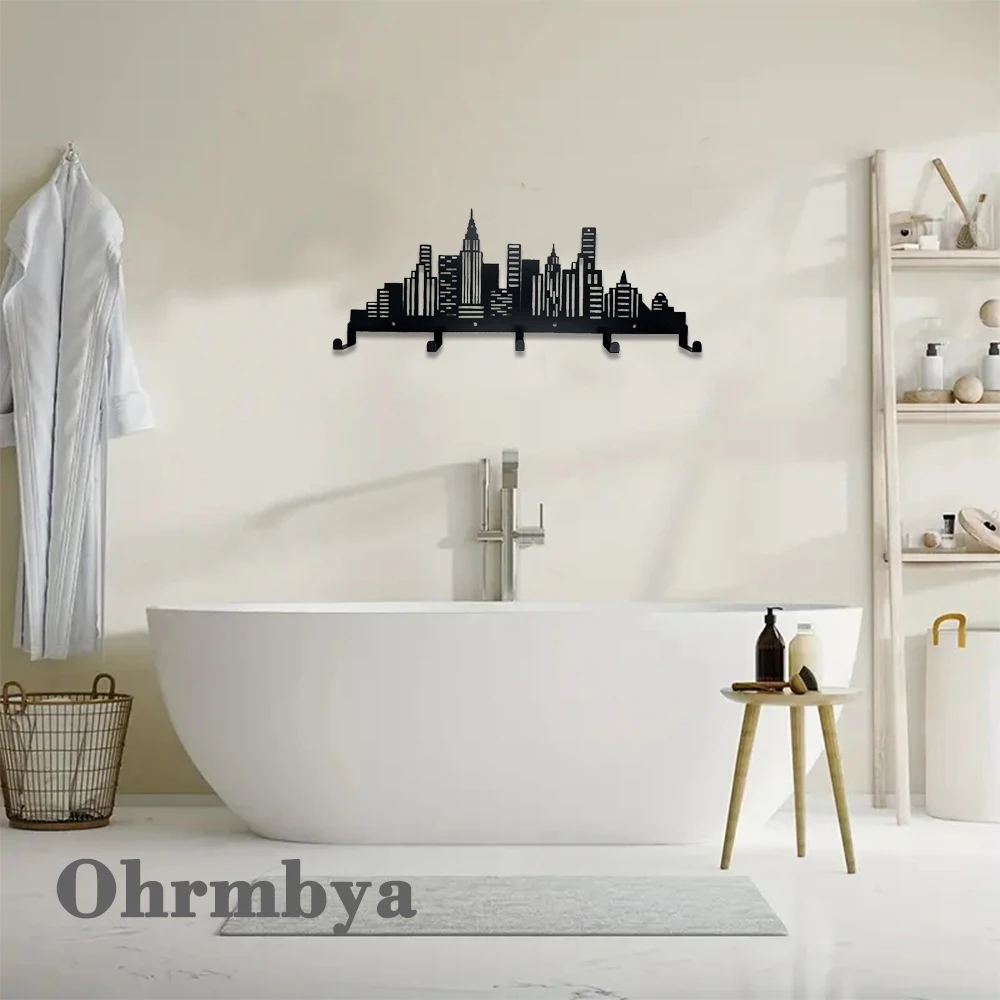 Modern City Skyline Coat Rack Hanging Towels Rack Entry Keys Rack Decorative Wall Hanger for Entryway Doorway Hallway Garage