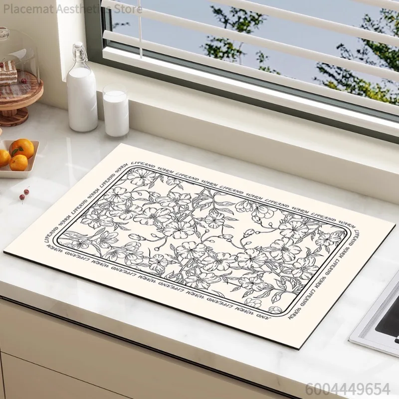 Vintage Retro Floral Tile Print Super Absorbent Drying Mat Waterproof Kitchen Counter Drain Pad Decor Placemat