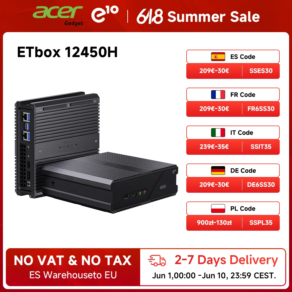 Mini PC Acer Gadget e10 ETBox, Intel Core i5 12450H, 16 Go DDR5, SSD 512 Go, 8 cœurs, Wi-Fi 6 et 2.5G LAN, prend en charge 3 écrans et sortie 4K@60Hz, mini ordinateur de bureau
