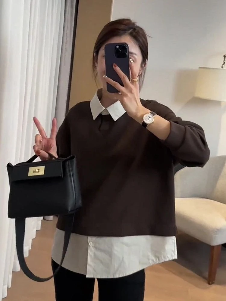 2026 Spring Fall Women's False Layered Sweatshirt Hot Selling Unique Design Loose Fit Slimming Shirt Blouse